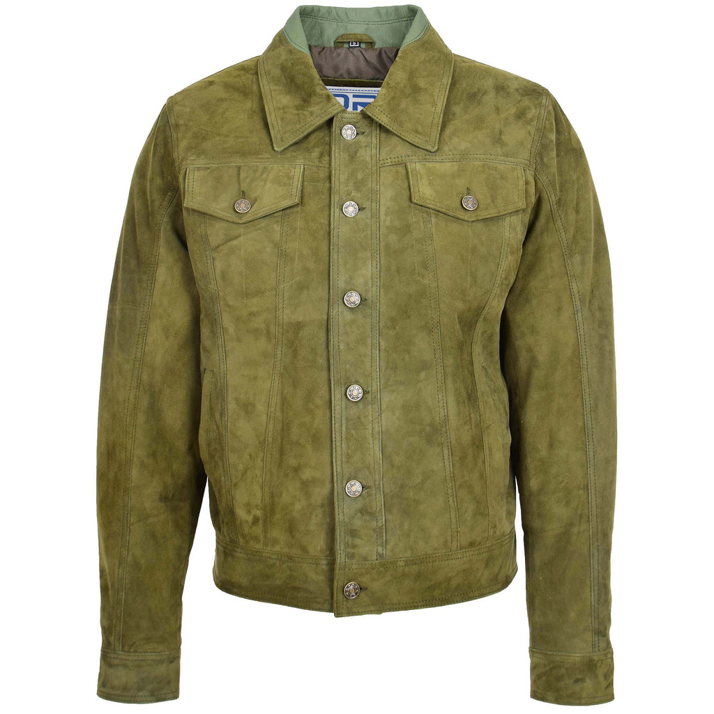 DR124 Men's Suede Buttoned Leather Short Jacket Green 3