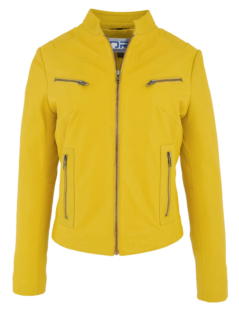 DR200 Ladies Classic Casual Biker Leather Jacket Yellow 4