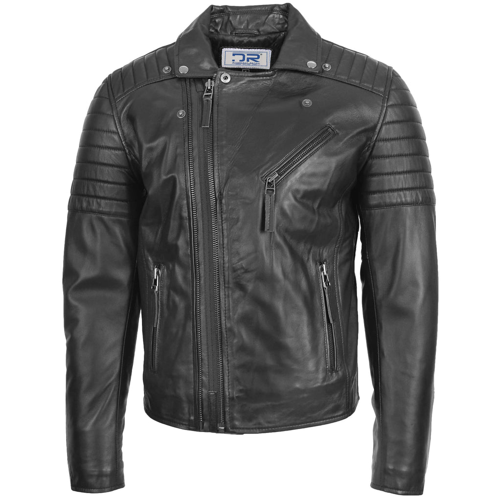 DR145 Men's Quilted Biker Leather Jacket Black 3