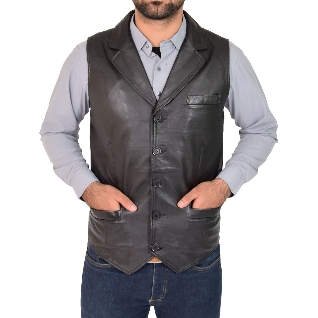 DR126 Men's Blazer Style Sheep Leather Waistcoat Black 4