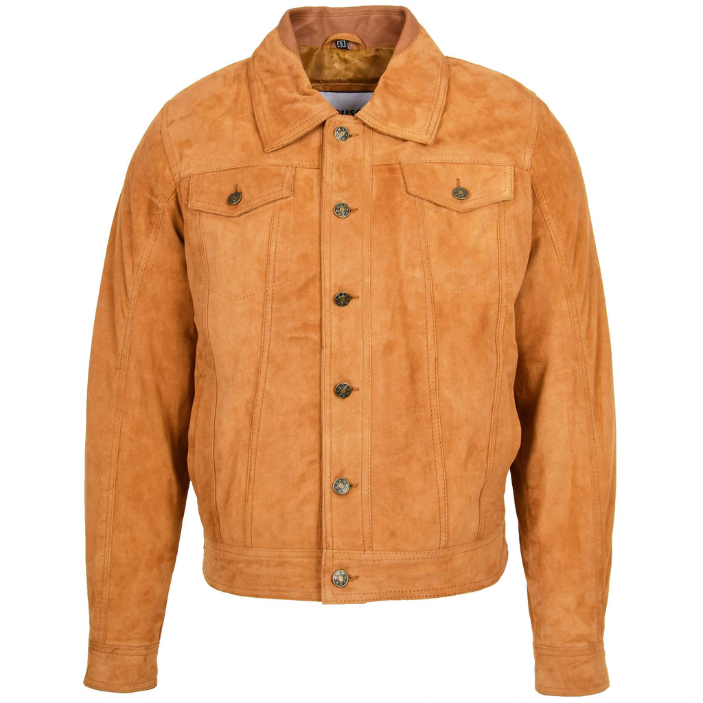 DR124 Men's Suede Buttoned Leather Short Jacket Tan 3