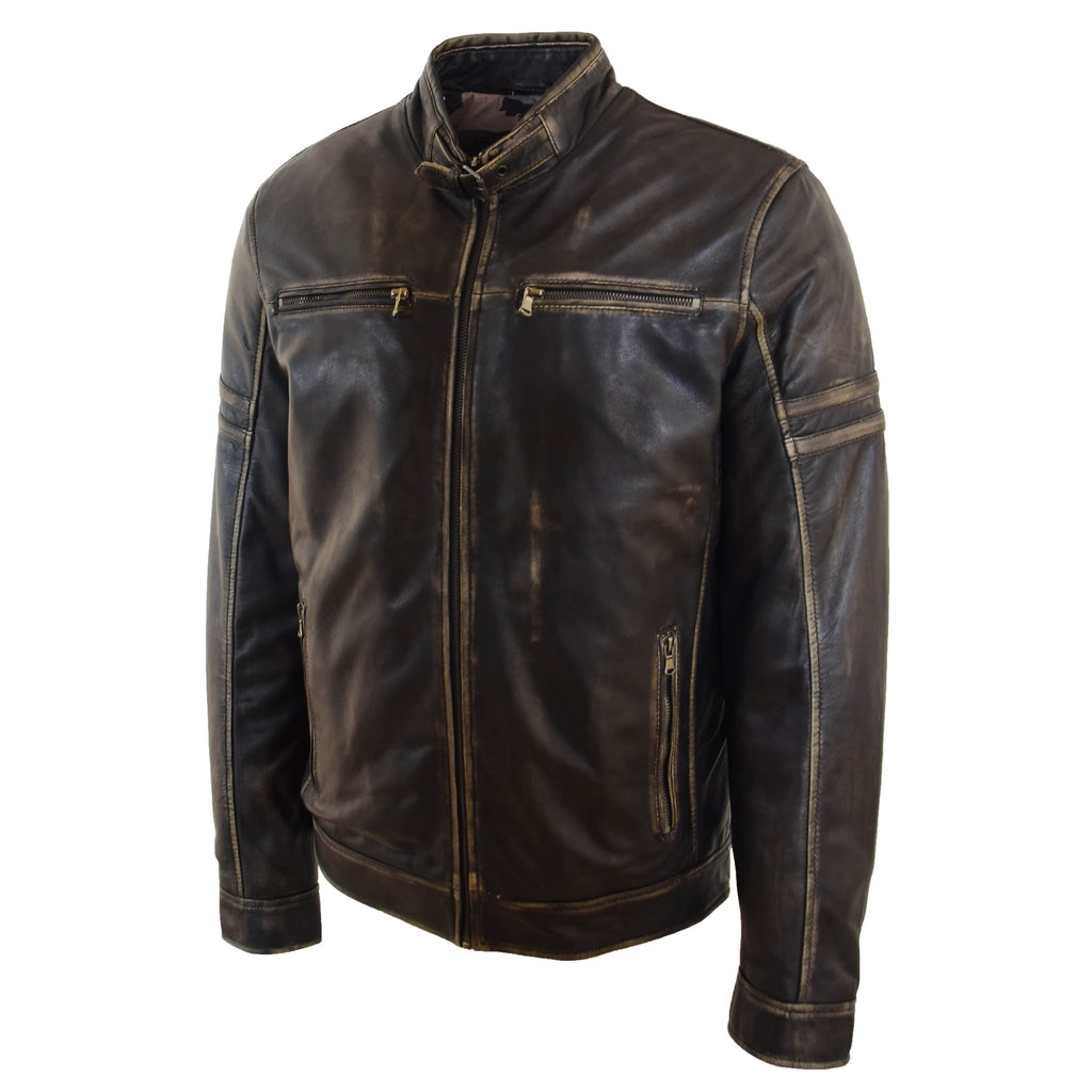 DR528 Men's Genuine Leather Biker Style Jacket Vintage Rub Off Black 3