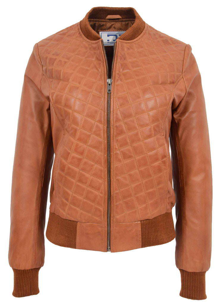 DR211 Women's Quilted Retro 70s 80s Bomber Jacket Tan 3