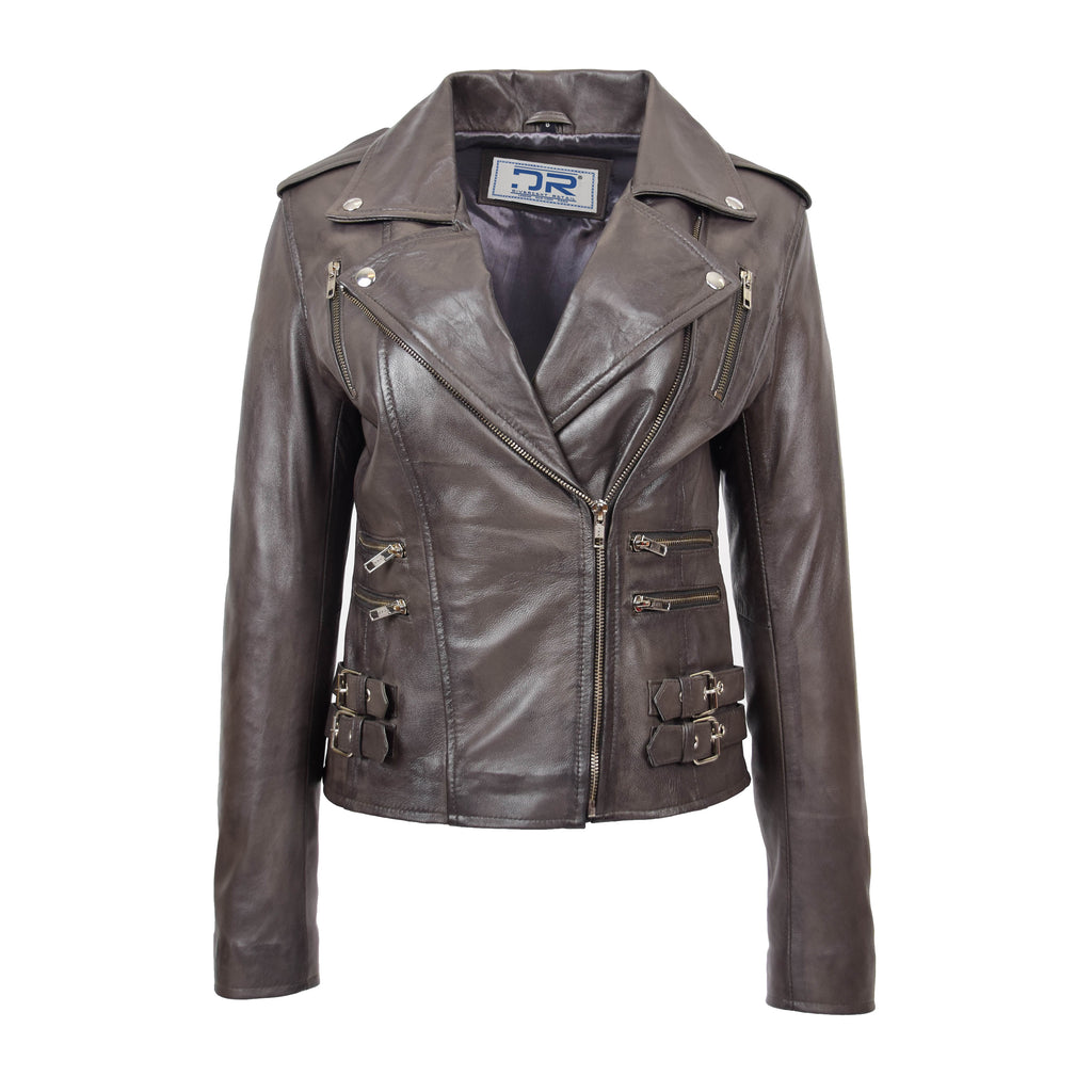 DR195 Women’s Trendy Biker Leather Jacket Grey 1
