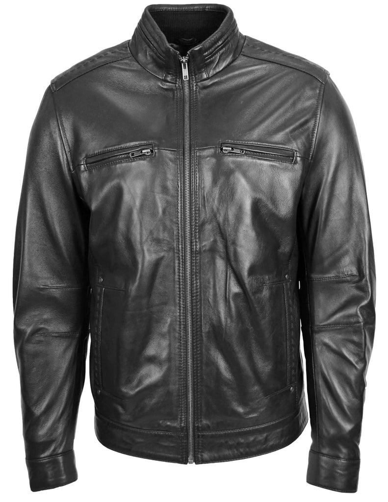 DR131 Men's Black Classic Biker Leather Jacket Black 4