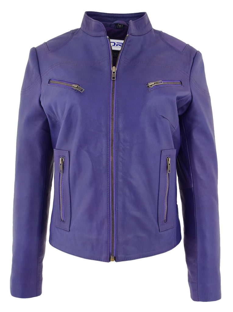 DR200 Ladies Classic Casual Biker Leather Jacket Purple 6