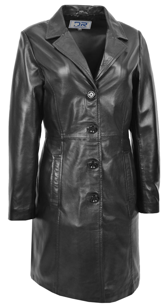 DR267 Ladies 3/4 Long Classic Fitted Soft Leather Coat Black 3