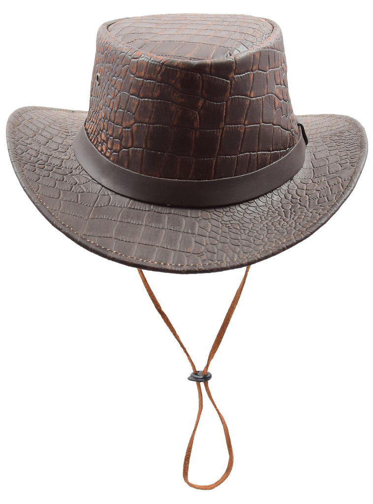 DR505 Leather Hat Detachable Chin Strap Croc Print Brown 3