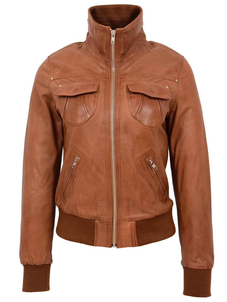 DR514 Womens Leather Classic Bomber Jacket Tan 3