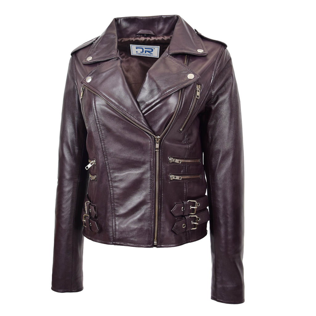 DR195 Women’s Trendy Biker Leather Jacket Purple 5