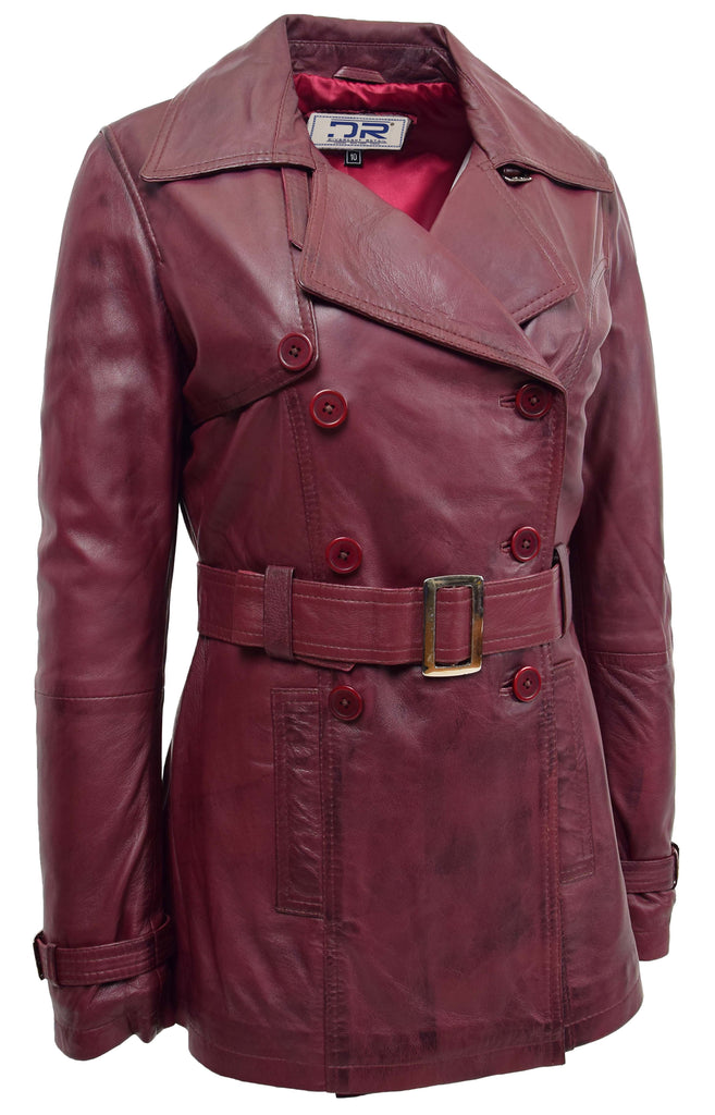 DR201 Women's Leather Buttoned Coat With Belt Smart Style Burgundy2