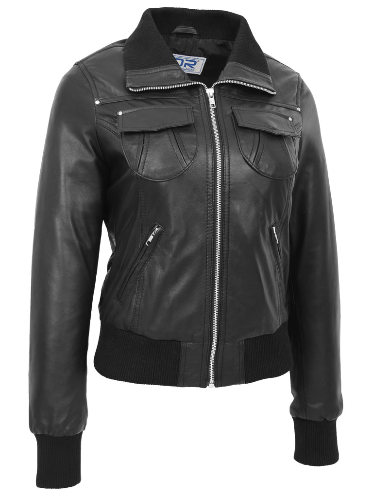 DR514 Womens Leather Classic Bomber Jacket Black 2