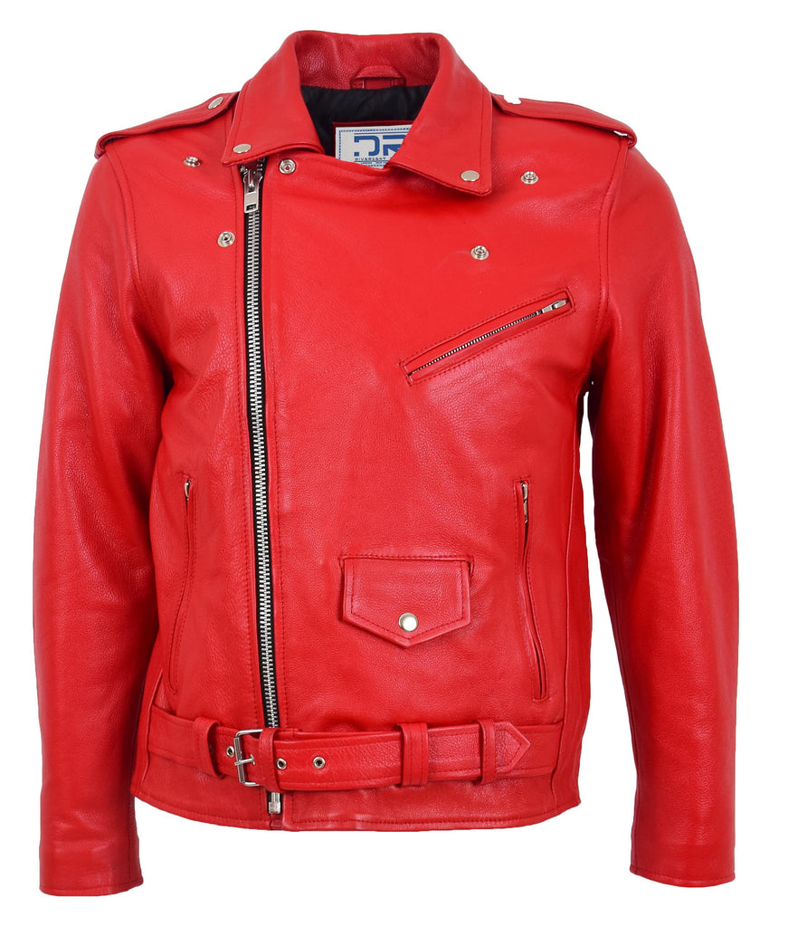 DR159 Men's New Mild Leather Biker Jacket Red 3