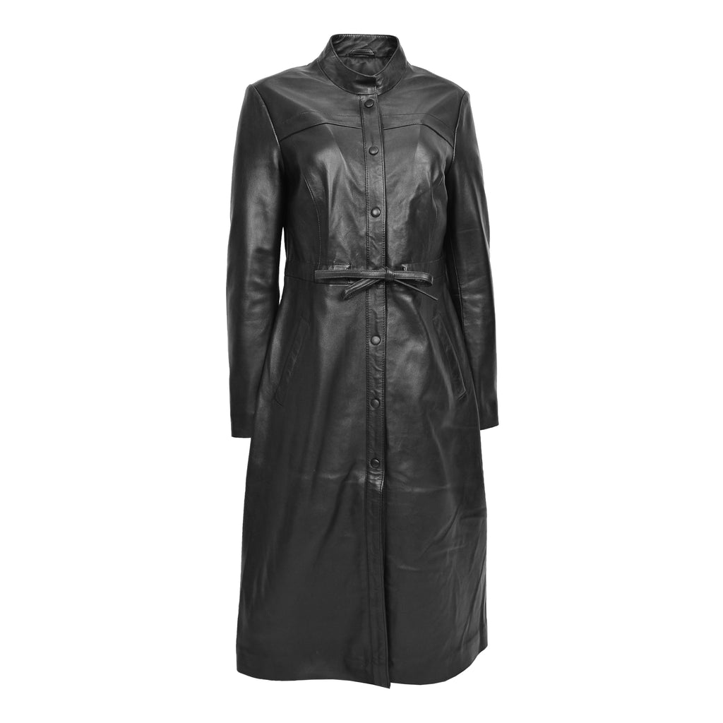 DR240 Women's Real Leather Slim Fit Trench Overcoat Black 4