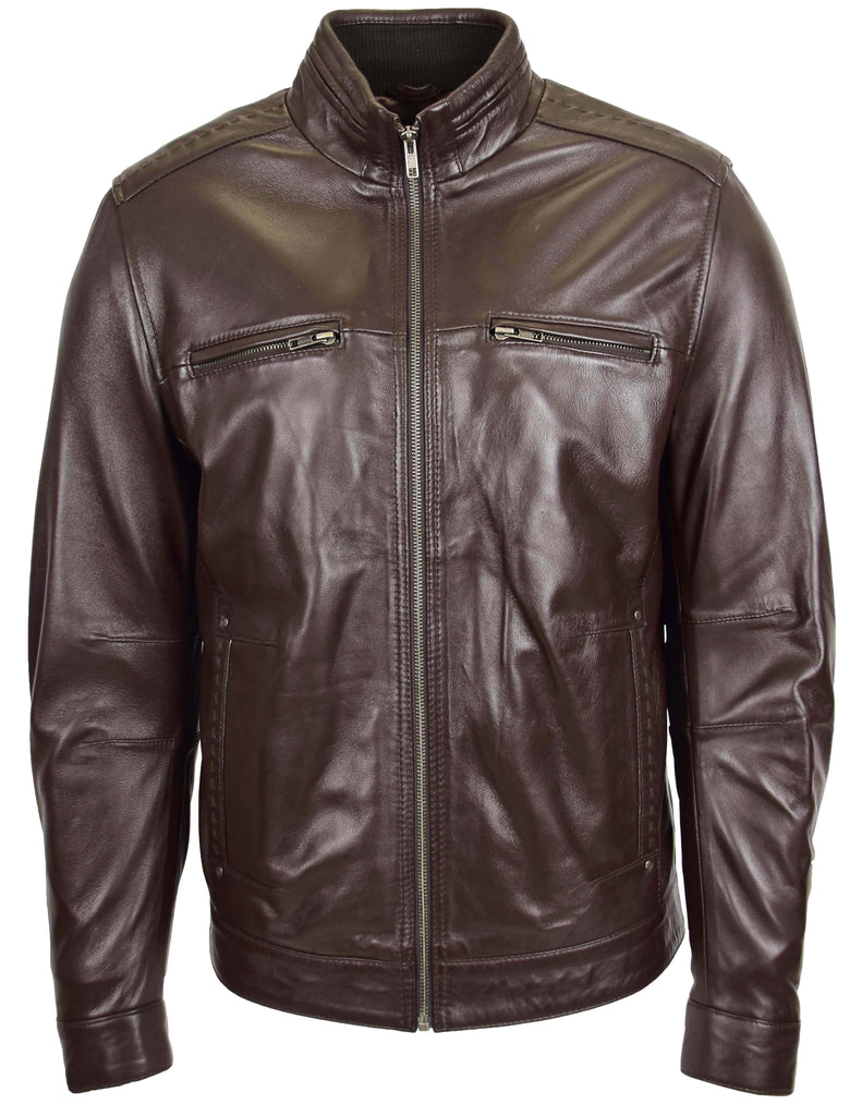 DR131 Mens Black Classic Biker Leather Jacket Brown 4