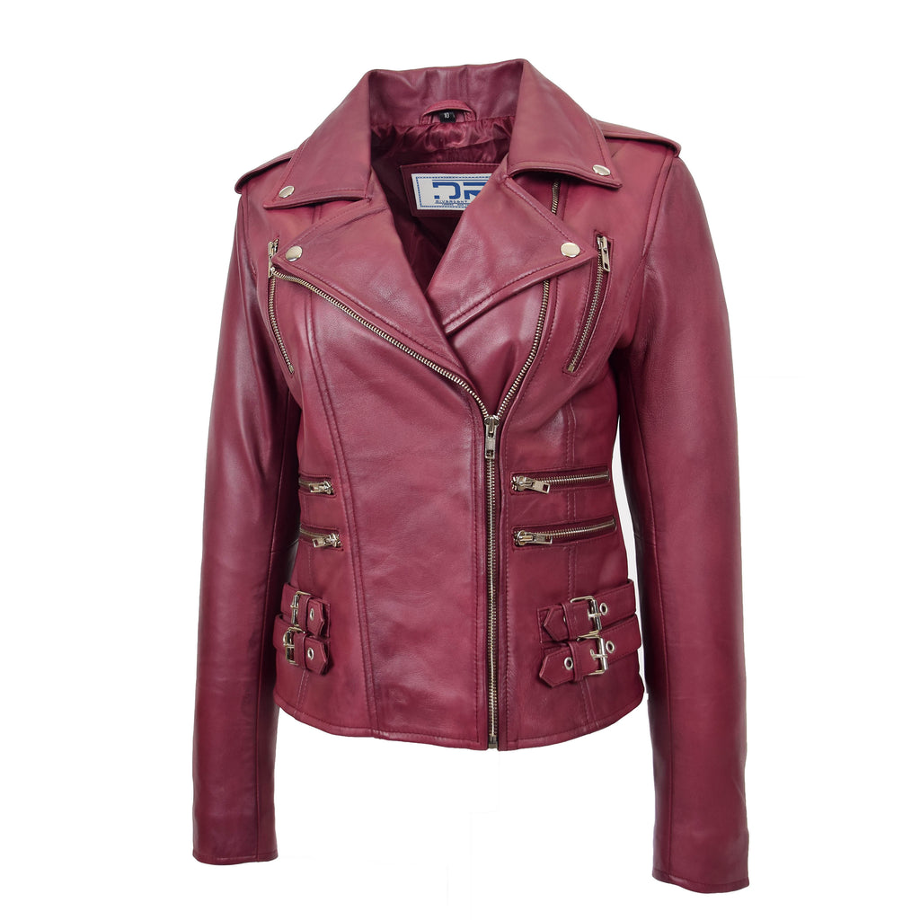 DR195 Women’s Trendy Biker Leather Jacket Burgundy 3