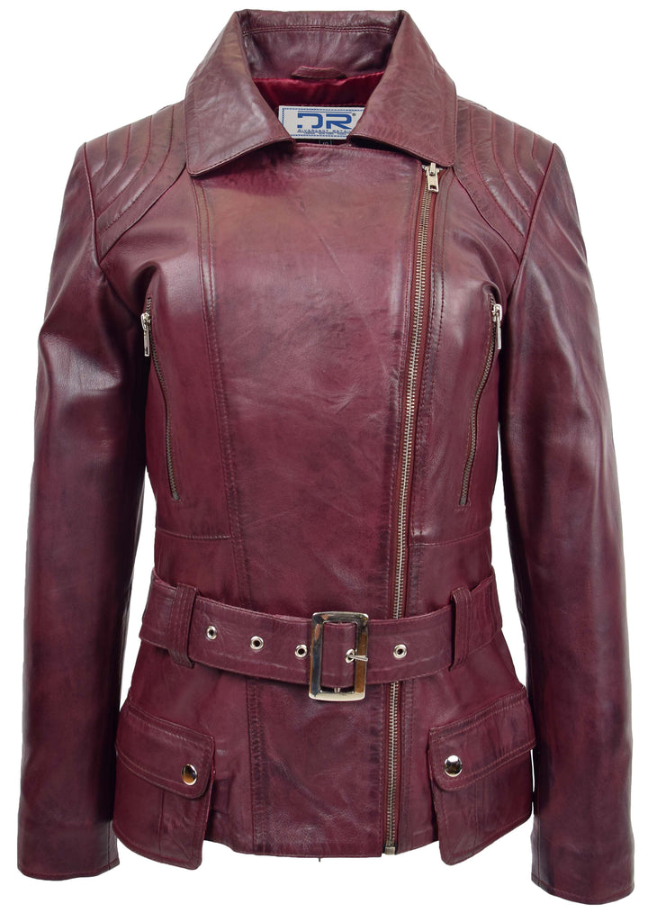 DR205 Women’s Slim Fit Cut Hip Length Biker Leather Jacket Burgundy 3
