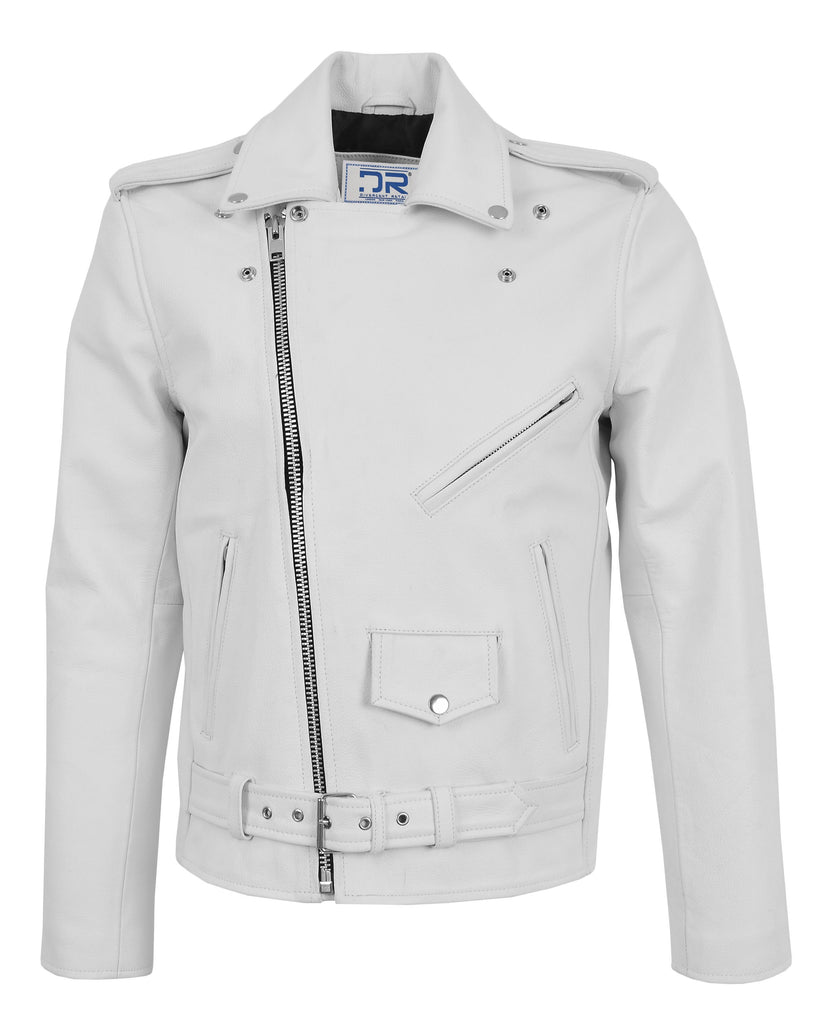 DR159 Men's New Mild Leather Biker Jacket White 2