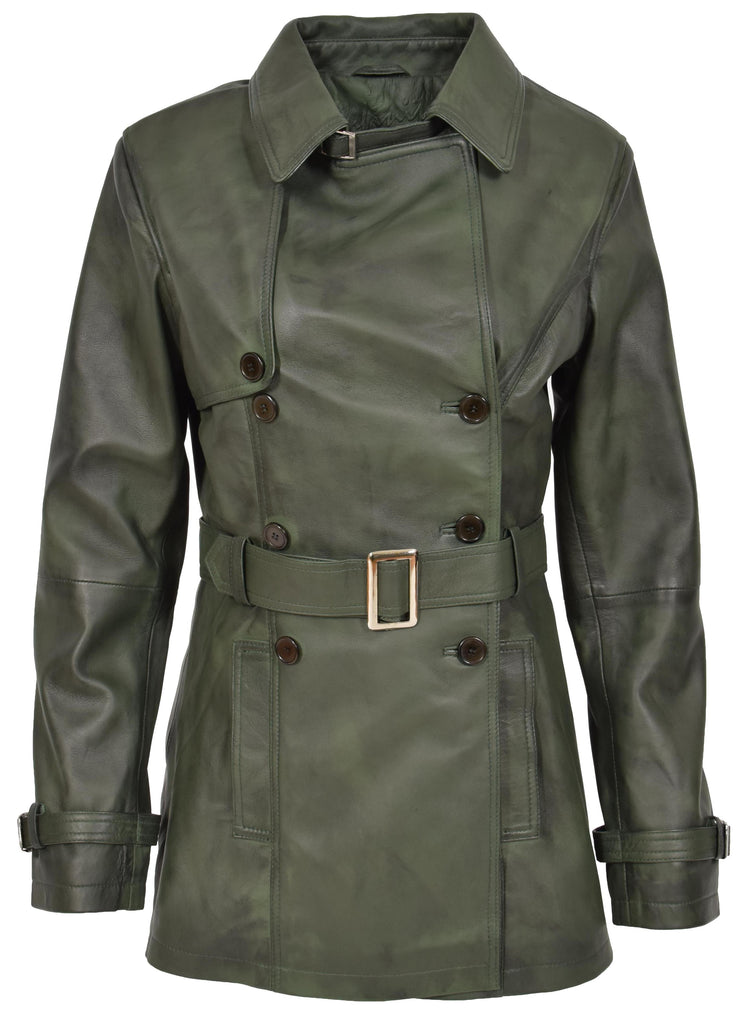 DR201 Women's Leather Buttoned Coat With Belt Smart Style Green 6