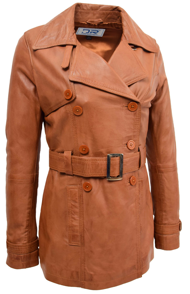 DR201 Women's Leather Buttoned Coat With Belt Smart Style Tan 3
