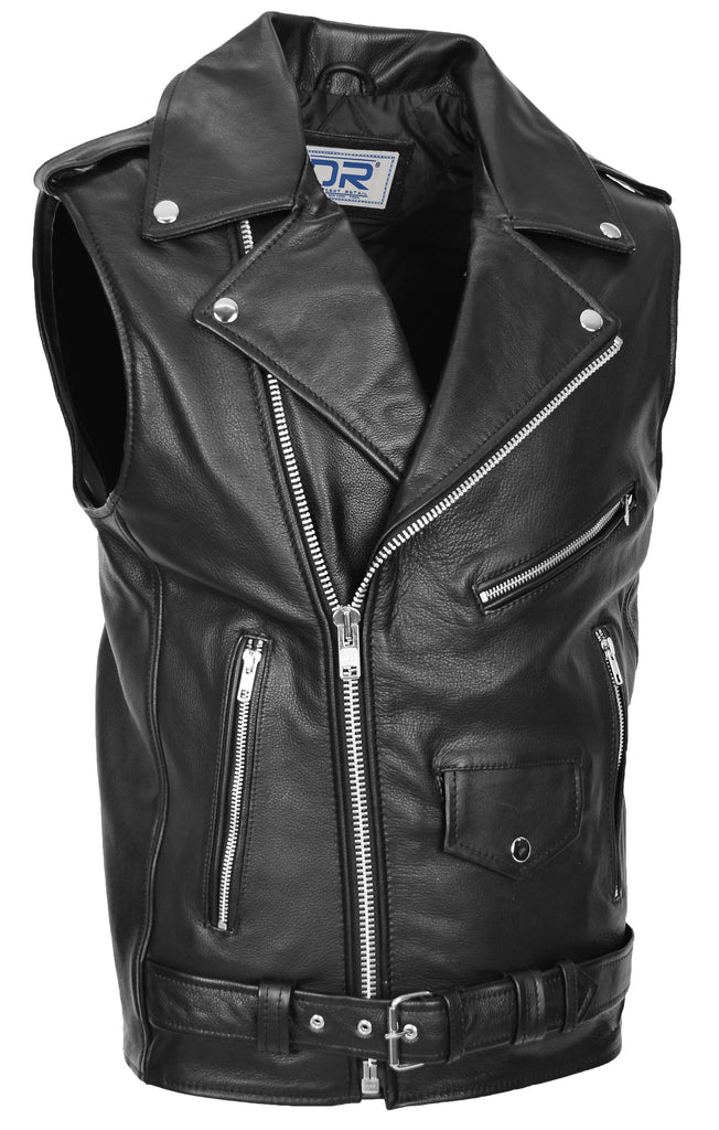 DR161 Men's Biker Style Leather Waistcoat Black 3