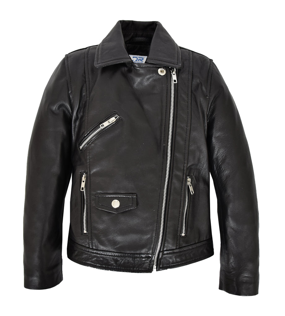 DR455 Girls Real Leather Cross Zip Biker Style Jacket Black 3