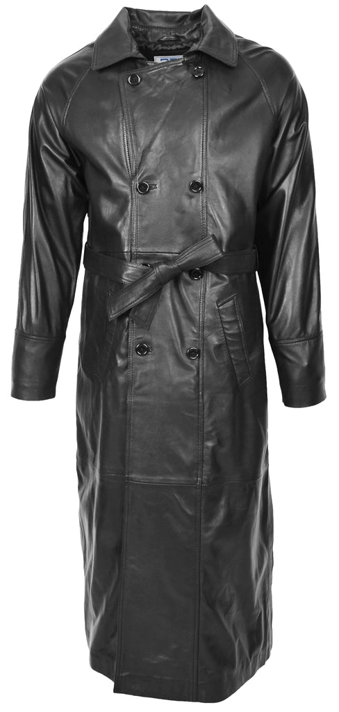 DR157 Men's Trench Double Breasted Full Length Leather Coat Black 2