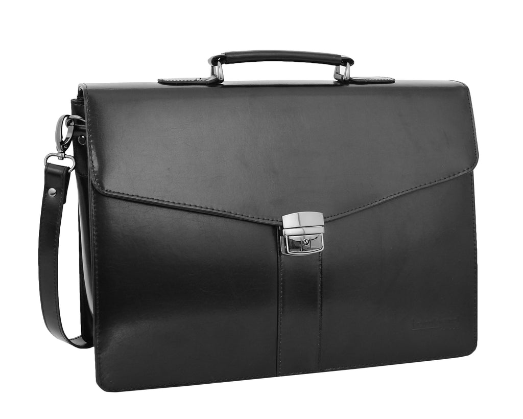 DR474 Men's Leather Flap Over Briefcase Black 3