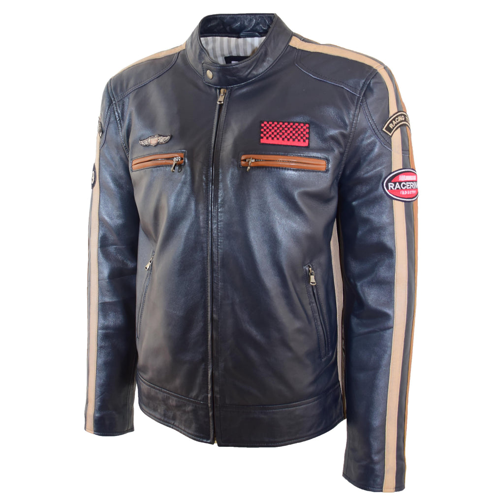 DR529 Men's Genuine Leather Cafe Racer Style Badges Biker Jacket Navy 3