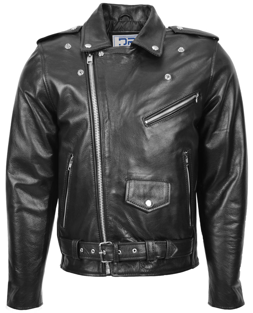 DR159 Men's New Mild Leather Biker Jacket Black 3