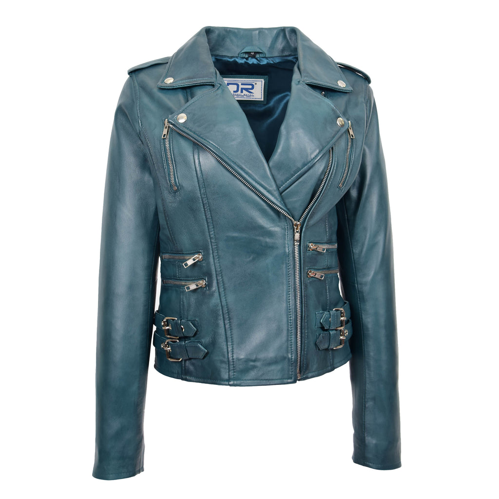 DR195 Women’s Trendy Biker Leather Jacket Teal 4