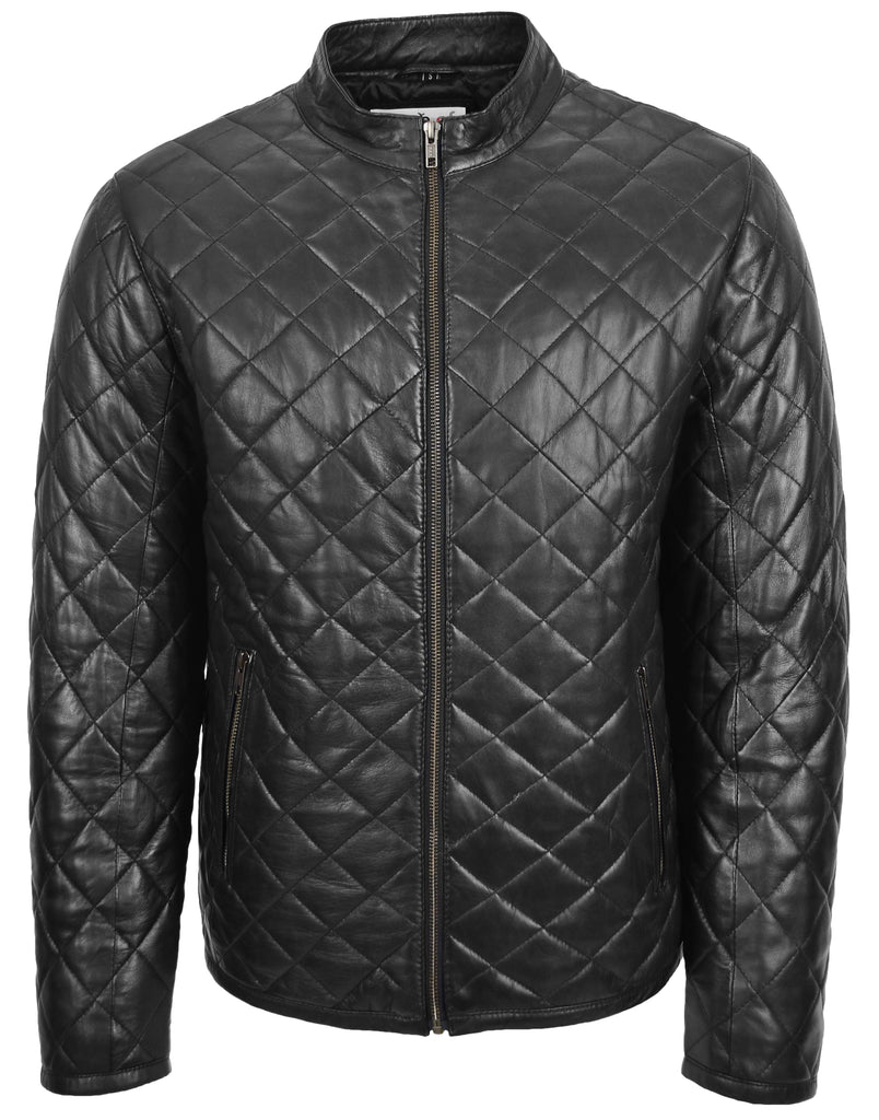 DR179 Men's Leather Puffer Jacket Padded Stand-Up Band Collar Black 4