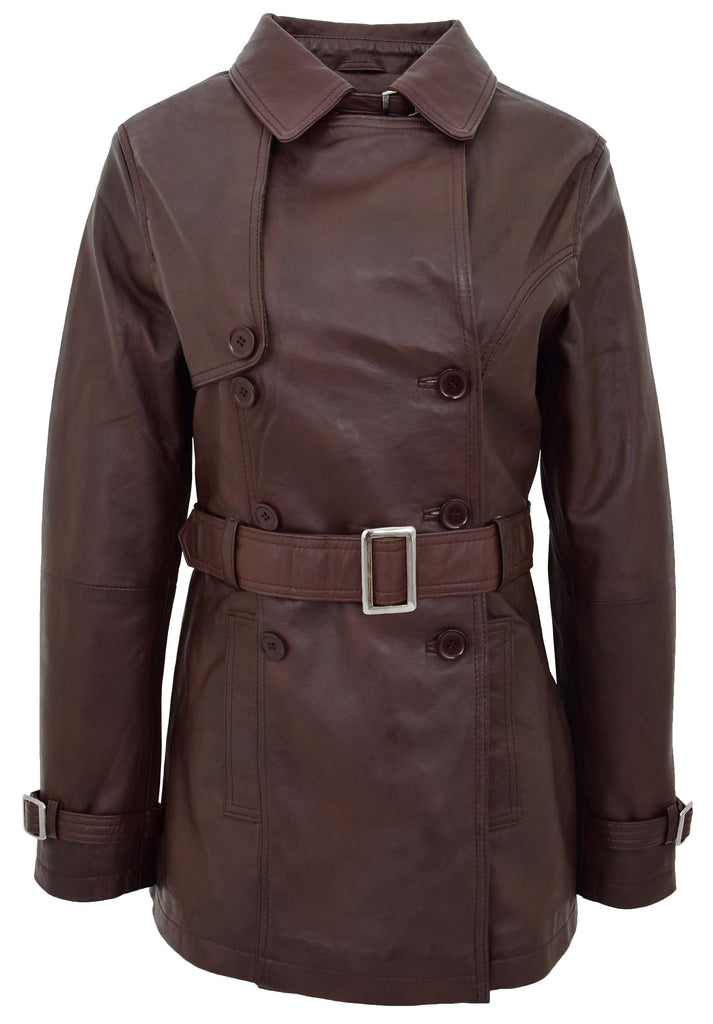 DR201 Women's Leather Buttoned Coat With Belt Smart Style Brown 3
