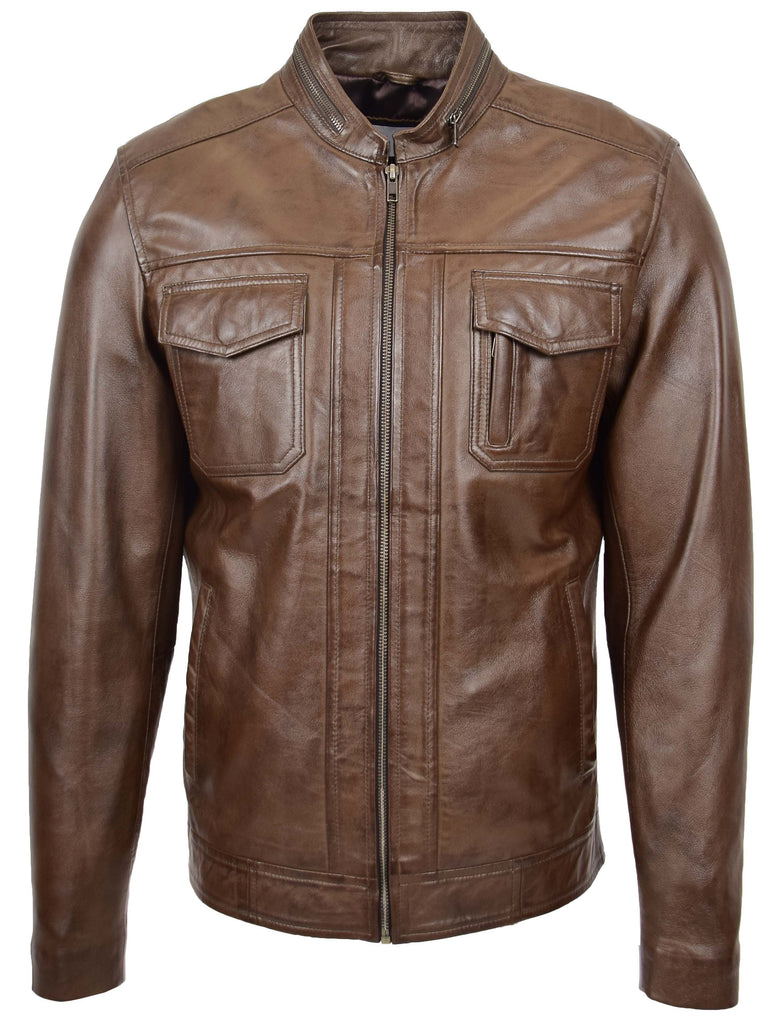 DR149 Men's Vintage Style Leather Biker Jacket Brown 3