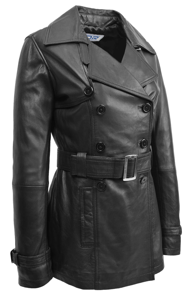 DR201 Women's Leather Buttoned Coat With Belt Smart Style Black 3