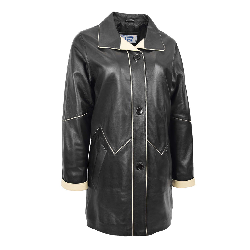 DR203 Ladies Classic Parka Real Leather Coat Trim Jacket Black-Beige 2