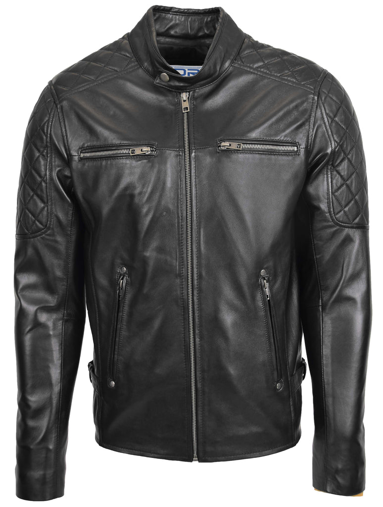 DR158 Men's Classic Quilted Biker Leather Jacket Black 3