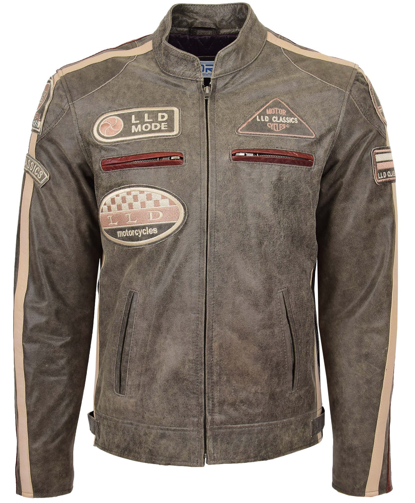 DR137 Men's Biker Leather Jacket with Badges Brown 3