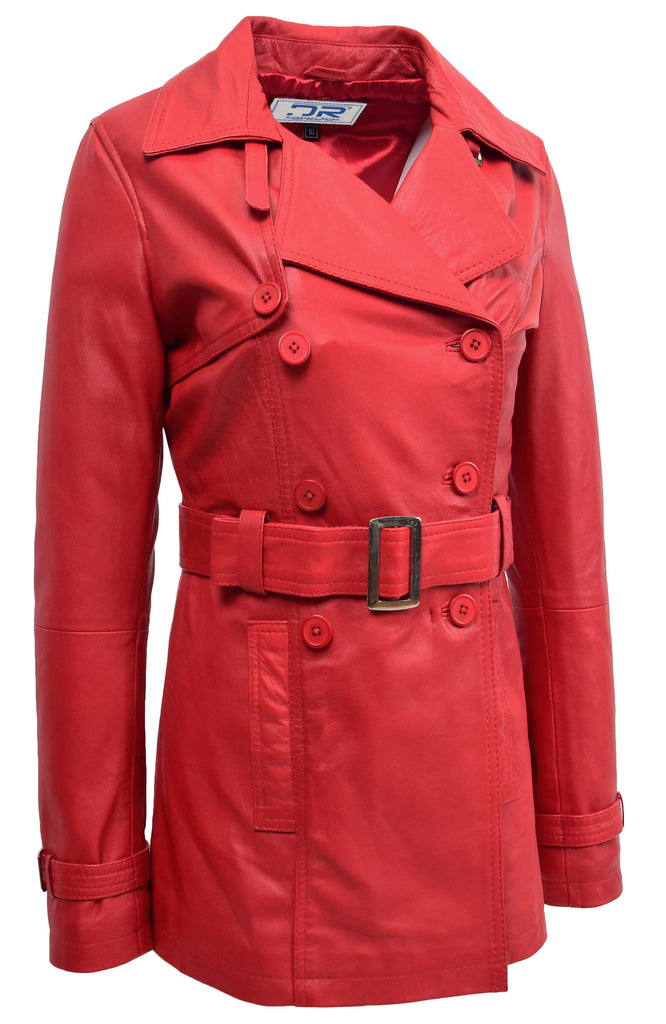DR201 Women's Leather Buttoned Coat With Belt Smart Style Red 3