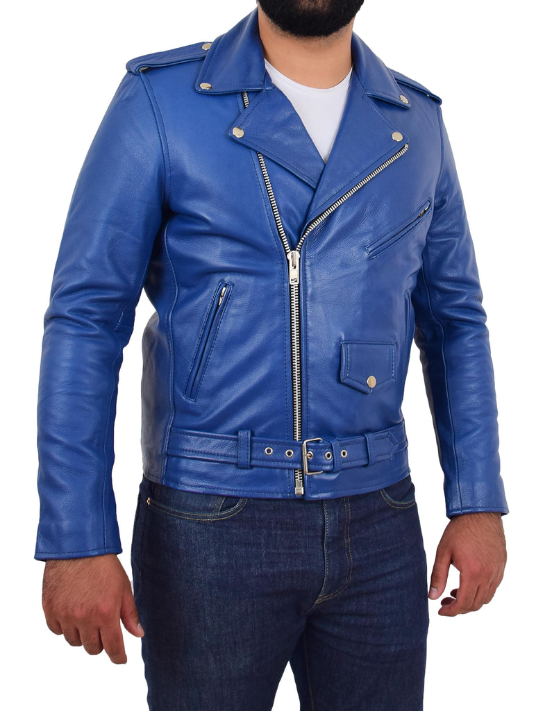 DR159 Men's New Mild Leather Biker Jacket Blue 3