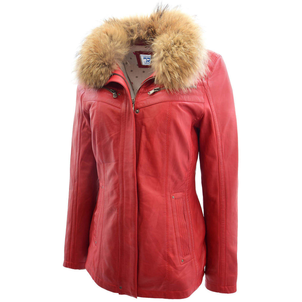 DR258 Women's Leather Jacket with Detachable Collar Red 4