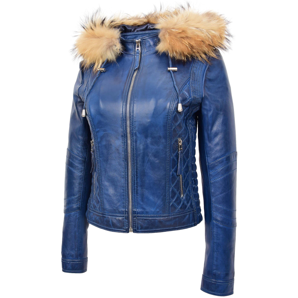 DR261 Women's Detachable Hoodie Biker Leather Jacket Blue 4