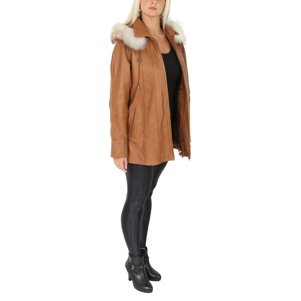 DR270 Women's Leather Coat with Fur Hood Winter Tan 4