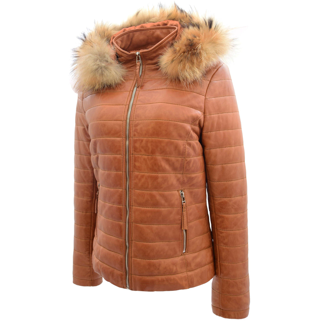 DR262 Women’s Real Leather Puffer Jacket Removable Hood Tan 4