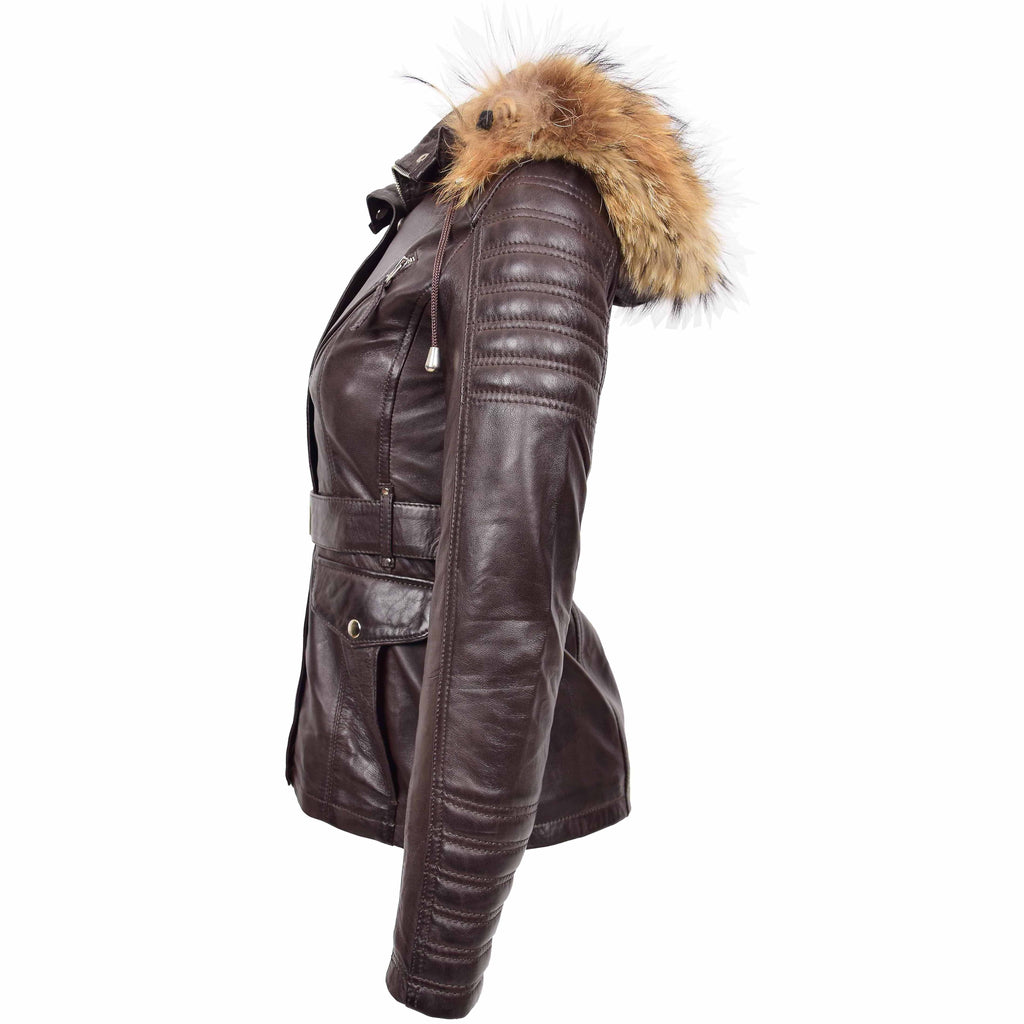 DR264 Women's Leather Parka Coat Detachable Hoodie Waist Belt Brown 5