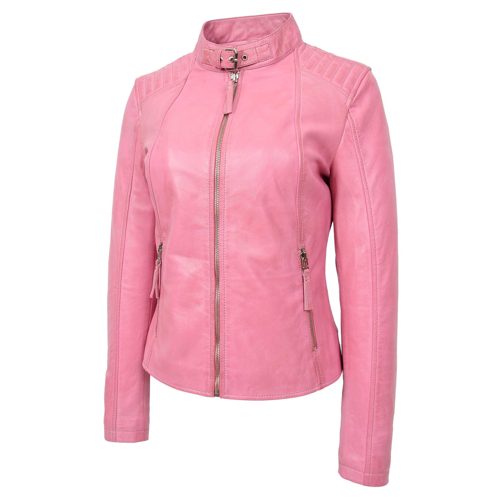 DR263 Women's Real Leather Classic Biker Jacket Pink 4