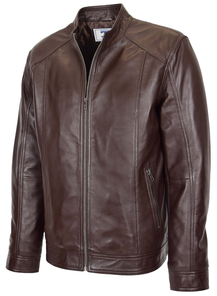 DR153 Men's Casual Biker Leather Jacket Brown 4