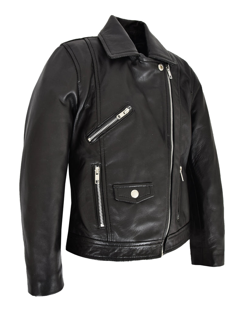 DR455 Girls Real Leather Cross Zip Biker Style Jacket Black 4