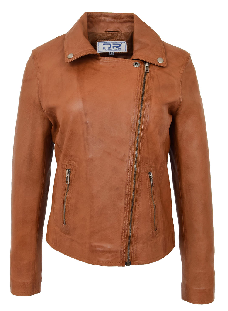 DR216 Women's Casual Smart Biker Leather Jacket Tan 3