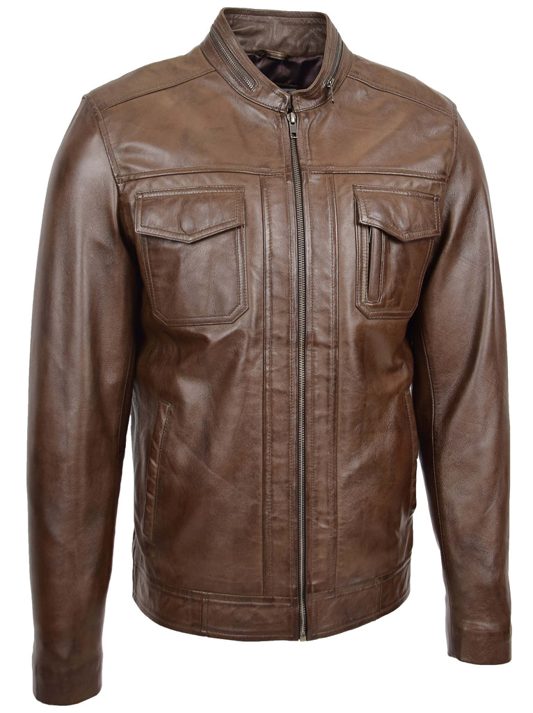 DR149 Men's Vintage Style Leather Biker Jacket Brown 4